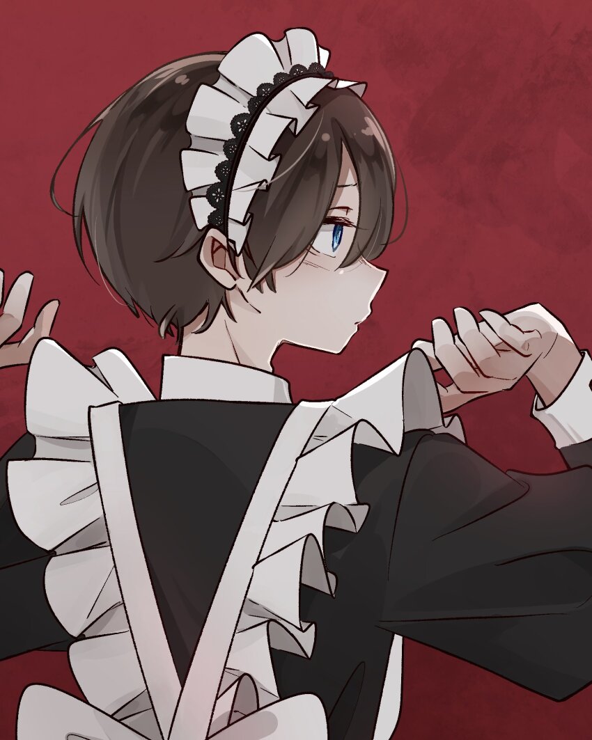 1boy alternate_costume apron black_dress black_hair blue_eyes boku_no_kokoro_no_yabai_yatsu crossdressing crossdressing_(mtf) dress enmaided frilled_apron frills from_behind highres ichikawa_kyoutarou long_sleeves looking_to_the_side maaai_ka maid maid_headdress male_focus male_maid profile red_background short_hair solo upper_body white_apron