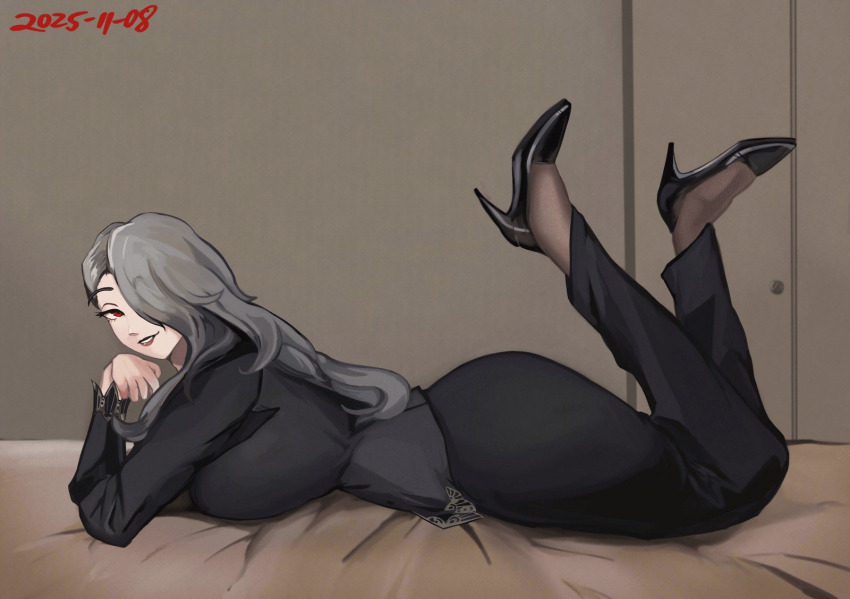 1girl ass black_shoes black_skirt from_side full_body grey_hair high_heels highres judetheobscured long_skirt lying niijima_sae on_stomach pantyhose persona persona_5 red_eyes shoes skirt smile solo