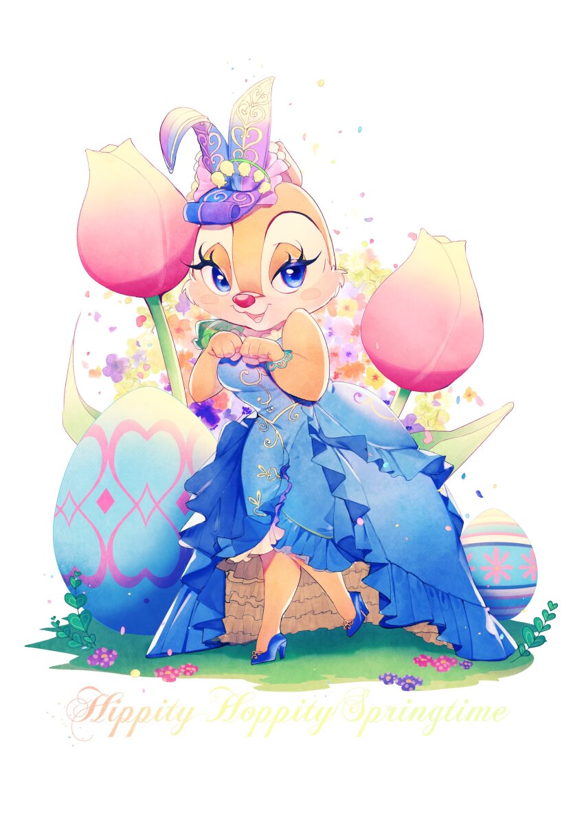 1girl absurdres alternate_costume animal_ears blue_dress blue_eyes chipmunk_ears chipmunk_girl clarice_(disney) disney dress easter easter_egg egg eyelashes fake_animal_ears flower hair_ornament highres looking_at_viewer mickey_mouse_&amp;_friends open_mouth pink_flower pink_tulip rl10_02 smile solo tulip