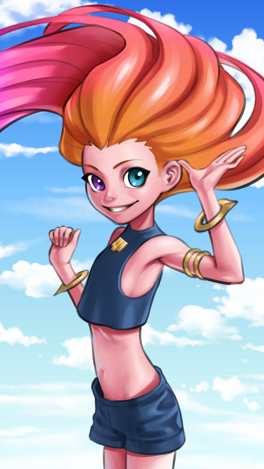 1girl absurdres bare_shoulders bracelet cloud cowboy_shot day flat_chest green_eyes green_shirt green_shorts heterochromia highres jewelry league_of_legends long_hair looking_at_viewer multicolored_hair navel orange_hair outdoors purple_eyes rusher08 shirt shorts smile solo stomach teeth very_long_hair zoe_(league_of_legends)