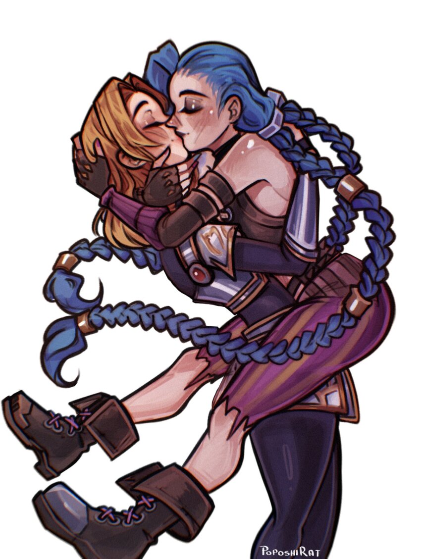 2girls armor bare_shoulders black_bodysuit blonde_hair blue_hair blush bodysuit braid breastplate brown_shoes carrying carrying_person commentary english_commentary from_side highres hug jinx_(league_of_legends) kiss league_of_legends long_hair lux_(league_of_legends) multiple_girls pants pink_pants poposhirat shoes simple_background smile torn_clothes torn_pants twin_braids twintails white_background yuri