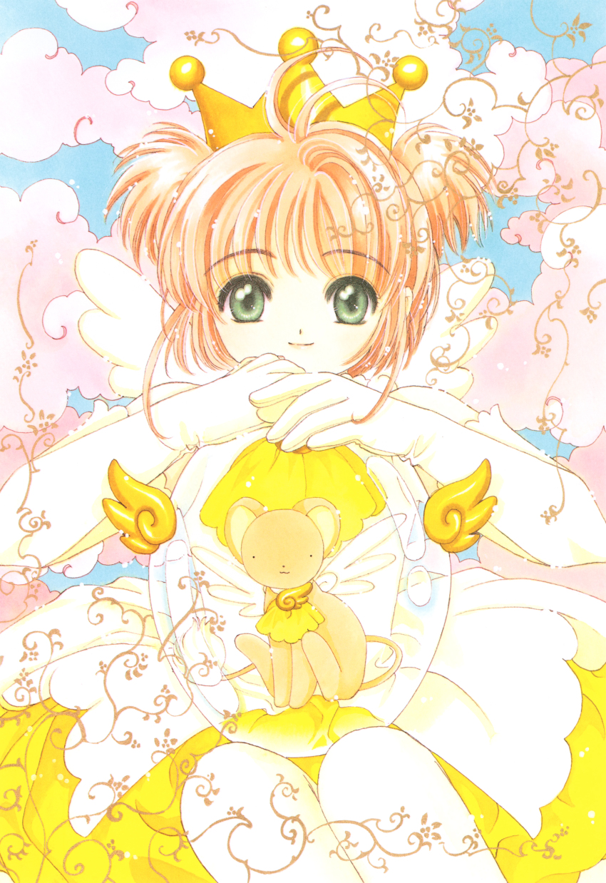 1girl absurdres brown_hair cardcaptor_sakura child cloud cloudy_sky colored_skin gloves green_eyes highres kero_(cardcaptor_sakura) kinomoto_sakura kinomoto_sakura_(miraculous_sakura) looking_at_viewer magical_girl official_art short_hair sky smile wings yellow_skin