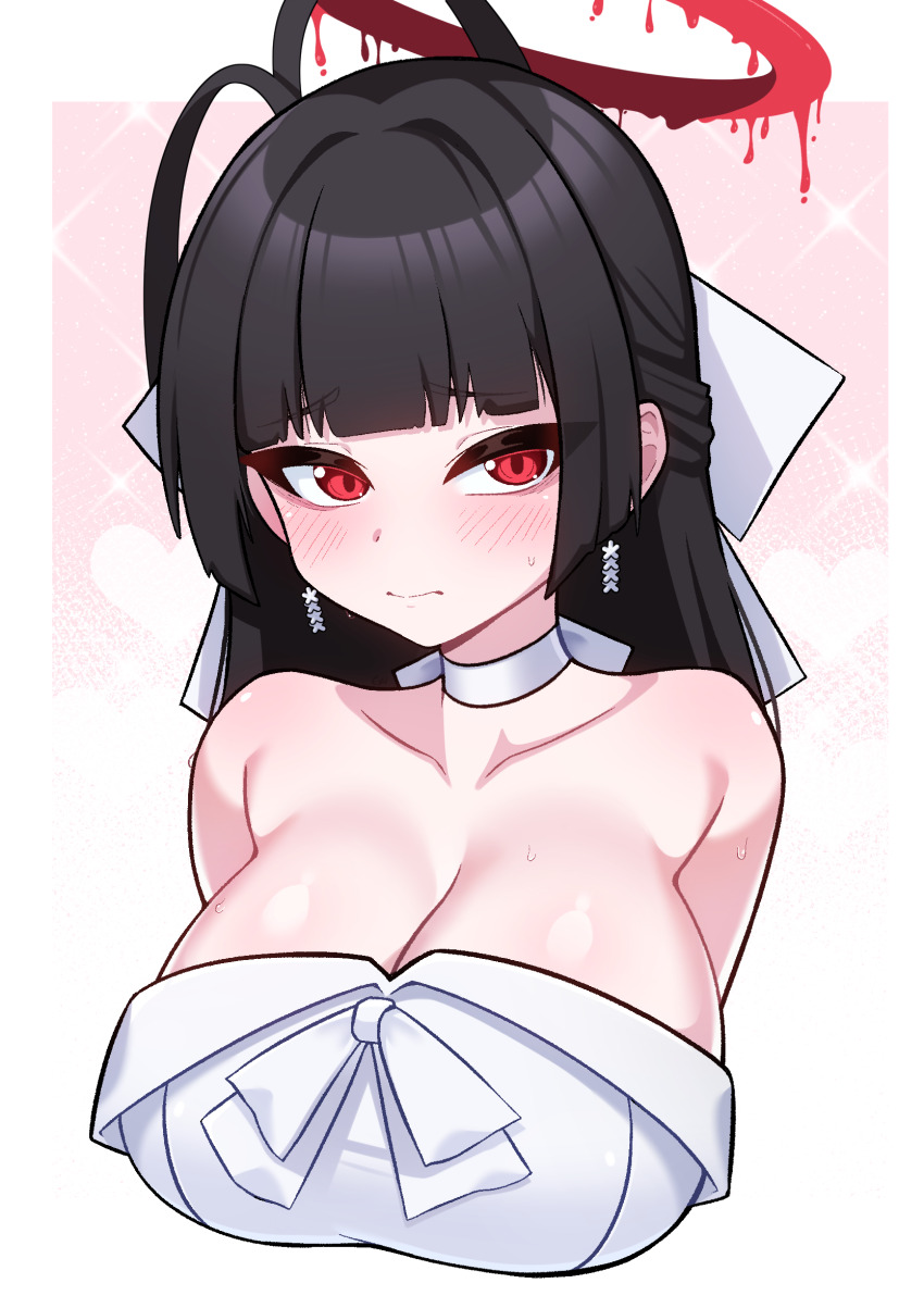 1girl antenna_hair arms_behind_back bare_shoulders black_hair blood blood_halo blue_archive blush breasts choker cleavage closed_mouth commentary dress english_commentary gician_l halo highres large_breasts liquid_halo long_hair looking_at_viewer melting_halo official_alternate_costume red_eyes red_halo solo strapless strapless_dress sweat tsurugi_(blue_archive) tsurugi_(dress)_(blue_archive) upper_body white_background white_choker white_dress