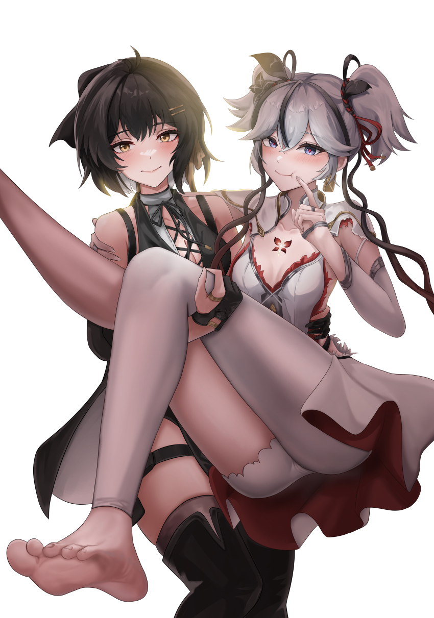 2girls absurdres asymmetrical_clothes bare_shoulders barefoot black_dress black_eyes black_flower black_hair black_ribbon blake_bloom_(wuthering_waves) blush breasts camellya_(wuthering_waves) carrying cheek_poking closed_mouth collar collarbone colored_inner_hair commentary_request cowboy_shot cross-laced_clothes cross-laced_dress dress earrings feet female_rover_(wuthering_waves) flower gold_earrings hair_between_eyes hair_flower hair_ornament hair_ribbon hair_vines heenna0925 highres jewelry korean_commentary leggings looking_at_viewer multicolored_hair multiple_girls poking princess_carry red_pupils red_ribbon ribbon rover_(wuthering_waves) short_hair simple_background single_pantsleg sleeveless sleeveless_dress small_breasts smile soles thighs toes white_background white_collar white_dress white_hair white_leggings wuthering_waves yellow_eyes yellow_ribbon