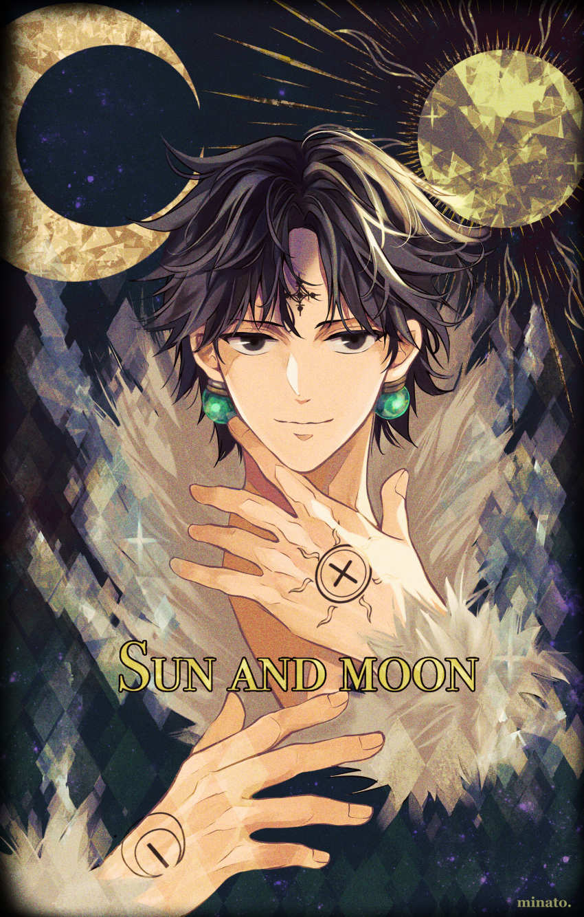 1boy absurdres black_eyes black_hair chrollo_lucilfer cross_tattoo earrings highres hunter_x_hunter jewelry looking_at_viewer minato_x3710 moon solo sun sun_symbol sun_tattoo tan tattoo