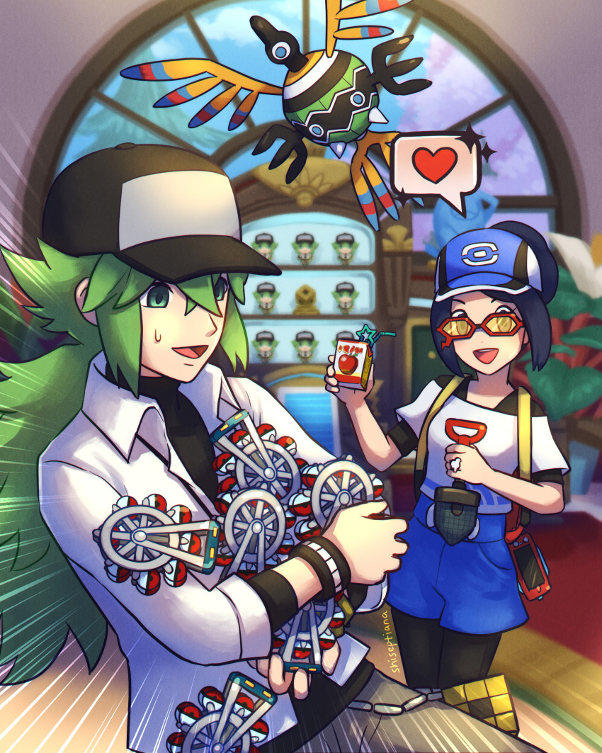 1boy 1girl absurdres backpack bag baseball_cap bettie_(pokemon) character_doll emphasis_lines figure gameplay_mechanics gen_5_pokemon glasses green_eyes green_hair hat heart highres indoors jewelry juice_box n_(pokemon) nintendo open_mouth pokemon pokemon_(creature) pokemon_bw pokemon_masters_ex poryphone ring shiseptiana sigilyph signature smile star_(symbol) sweat