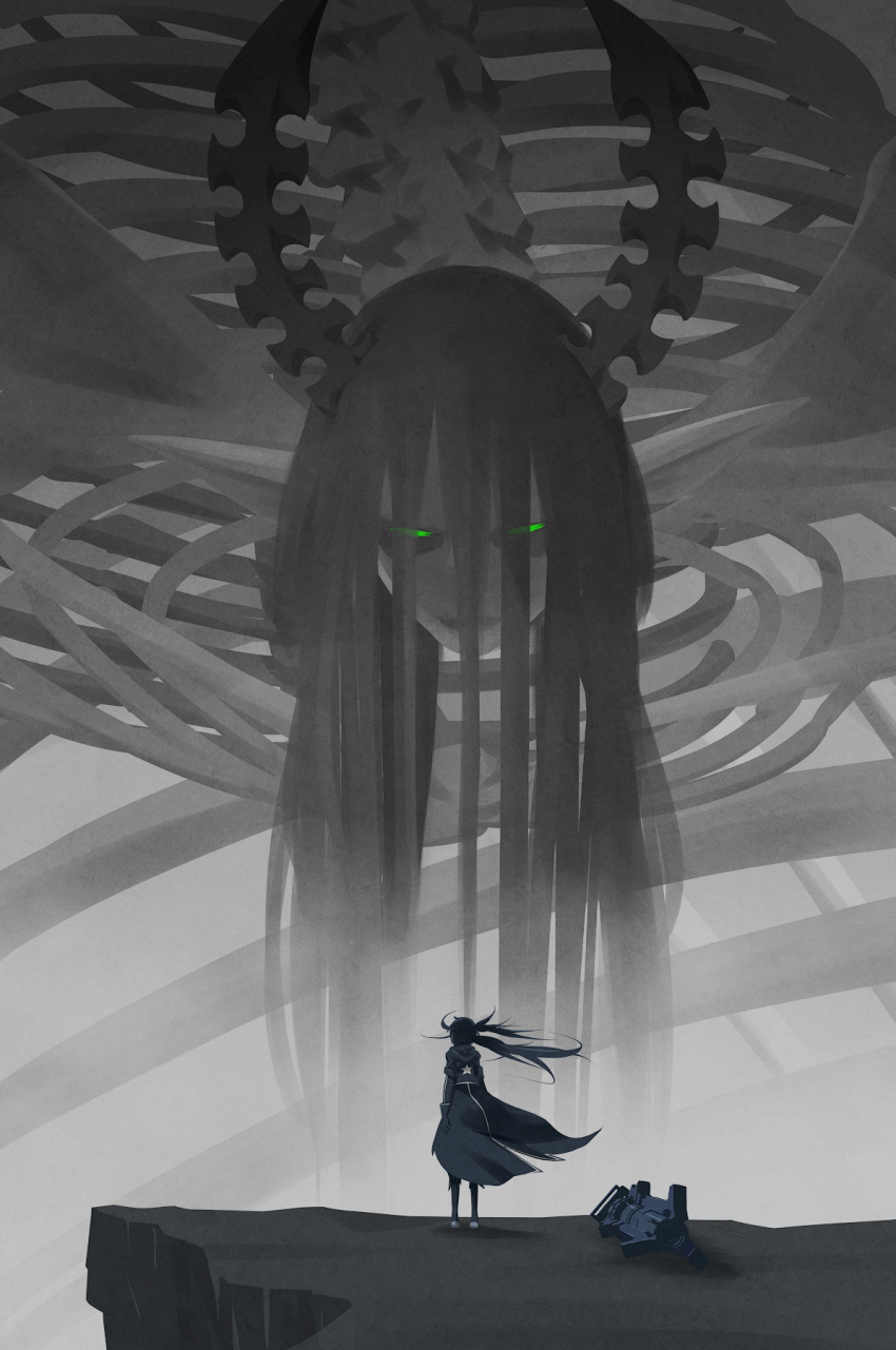32zzz black_hair black_jacket black_rock_shooter black_rock_shooter_(character) boots crossover dark_persona dead_master founding_titan green_eyes hair_over_face highres horns jacket long_hair long_sleeves rock_cannon shingeki_no_kyojin star_(symbol) star_print titan_(shingeki_no_kyojin) twintails uneven_twintails