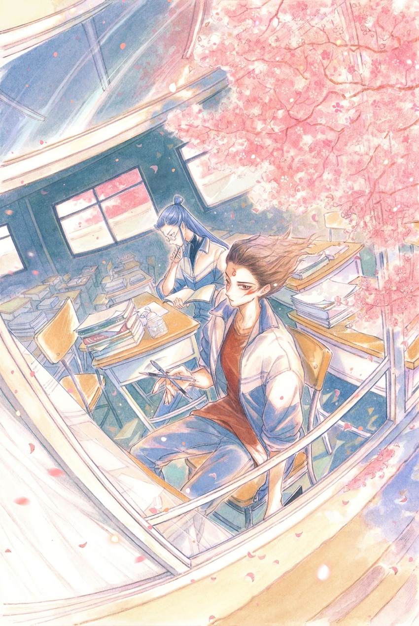 2boys 9484gu ao_bing_(nezha_zhi_motong_jiangshi) blue_hair blue_horns blue_jacket blue_pants book brown_eyes brown_hair cherry_blossoms chinese_commentary chinese_track_school_uniform classroom closed_mouth commentary_request desk dragon_boy eastern_dragon_horns facial_mark falling_petals floating_hair forehead_mark from_outside glasses highres holding holding_book holding_pen horns jacket looking_at_viewer male_focus marking_on_cheek multiple_boys nezha_(nezha_zhi_motong_jiangshi) nezha_zhi_motong_jiangshi on_chair open_book open_clothes open_jacket painting_(medium) pants paper_stack pen pen_spinning petals pink_petals pointy_ears red_shirt scenery school_desk school_uniform shirt sitting skylight sleeves_rolled_up t-shirt textbook traditional_media watercolor_(medium) window zipper