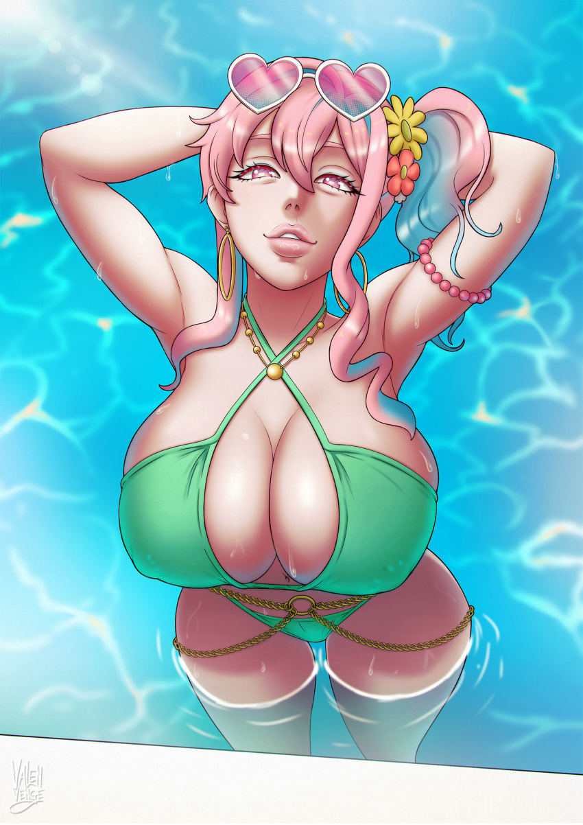 1girl armpits arms_behind_head arms_up bikini blue_hair breasts cleavage covered_erect_nipples curvy female_focus flower flower_on_head heart heart-shaped_pupils highres hozuki_kaede large_breasts lips long_hair looking_at_viewer multicolored_hair navel onii-chan_wa_oshimai! pink_eyes pink_hair side_ponytail solo swimsuit symbol-shaped_pupils two-tone_hair valenvenge wet wide_hips