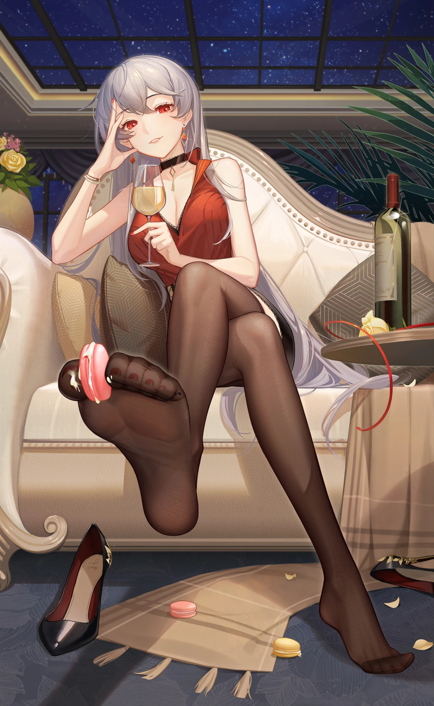 1girl absurdres alcohol bare_arms bare_shoulders between_toes black_choker black_shoes black_skirt black_thighhighs bottle bracelet breasts choker cleavage couch crazy_ones crossed_legs crystal_earrings cup cushion drinking_glass earrings elbow_rest feet female_focus fine_fabric_emphasis flower food foot_focus from_below full_body grey_hair grin hair_between_eyes hand_on_own_head head_rest high_heels highres holding holding_cup holding_food holding_with_feet indoors jewelry large_breasts legs long_hair looking_at_viewer macaron miniskirt nail_polish night night_sky no_shoes official_art on_couch pencil_skirt petals red_eyes red_nails red_shirt rose round_table shirt shoes sitting skirt sky skylight sleeveless sleeveless_shirt smile soles solo star_(sky) starry_sky table thighhighs toenail_polish toenails toes unworn_shoes v-neck very_long_hair white_wine window wine wine_bottle xia_bing_(crazy_ones) yellow_flower yellow_rose