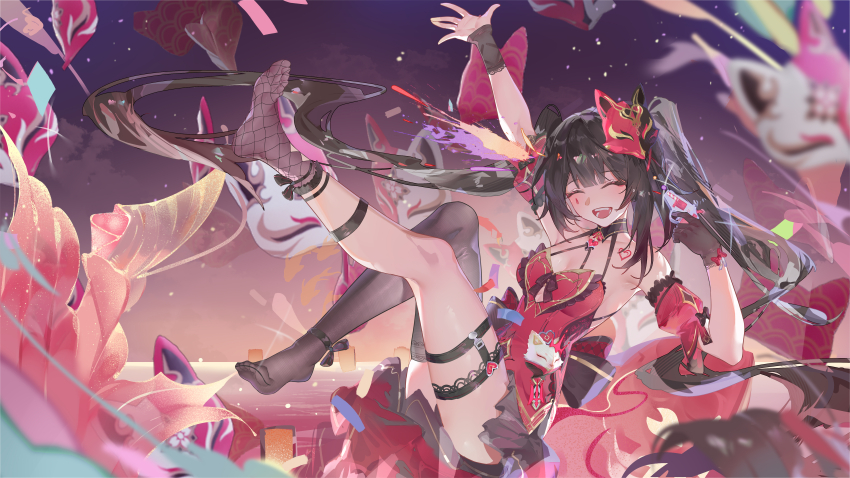 1girl :d absurdres arm_up bare_shoulders black_gloves black_hair black_socks black_thighhighs blurry blurry_foreground breasts chinese_commentary closed_eyes collarbone comet-c commentary_request detached_sleeves dress facial_mark feet fishnet_socks fishnets fox_mask gloves gun gun_to_head halter_dress halterneck heart heart_tattoo highres holding holding_gun holding_weapon honkai:_star_rail honkai_(series) honkai_impact_3rd koi long_hair mark_under_eye mask mask_on_head medium_breasts no_shoes official_alternate_costume open_mouth outstretched_arm red_dress red_sleeves short_sleeves shoulder_tattoo single_glove single_sock single_thighhigh smile socks soles solo sparkle_(fictitious_game)_(honkai:_star_rail) sparkle_(honkai:_star_rail) tattoo teardrop_facial_mark thighhighs toes twintails very_long_hair weapon