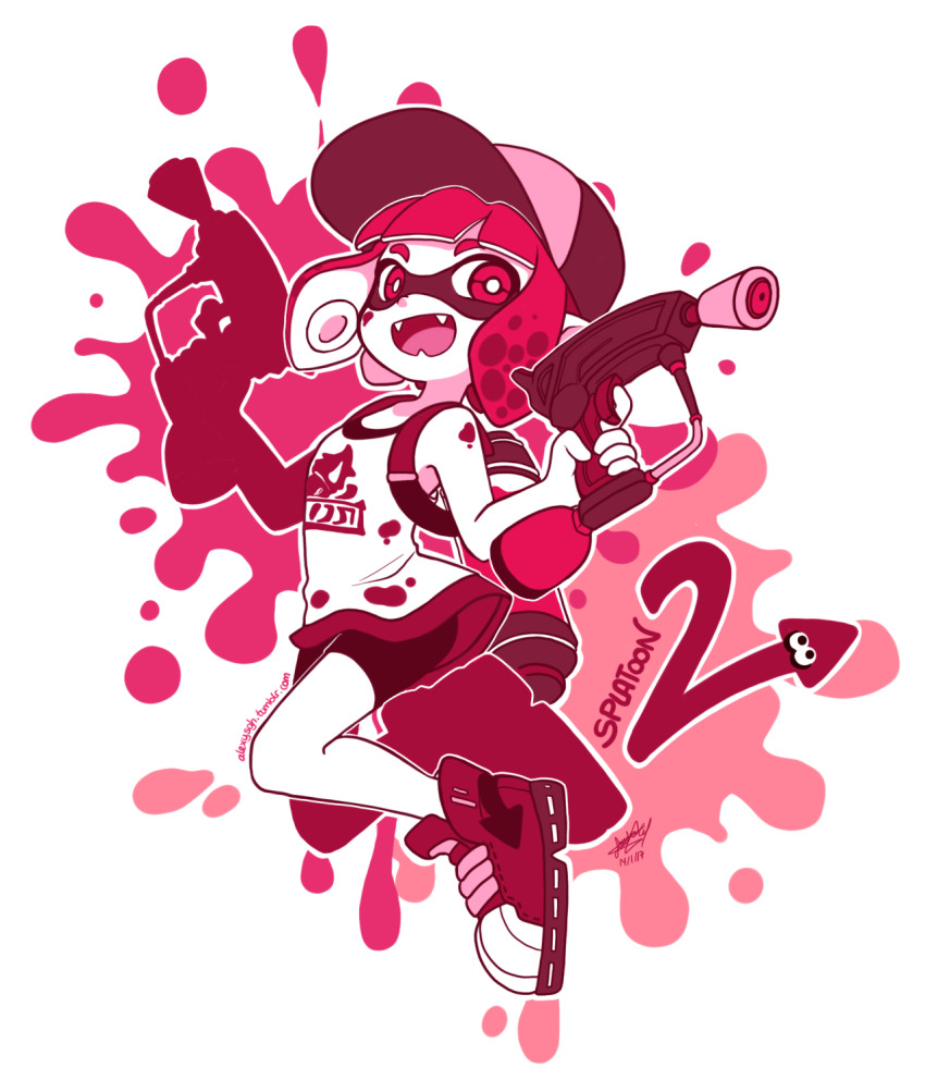 1girl commentary copyright_name english_commentary fangs highres holding ink_tank_(splatoon) inkling looking_at_viewer nintendo open_mouth partially_colored pink_pupils pointy_ears sandragh shirt short_hair shorts signature simple_background smile solo splat_dualies_(splatoon) splatoon_(series) splatoon_2 suction_cups tentacle_hair white_background