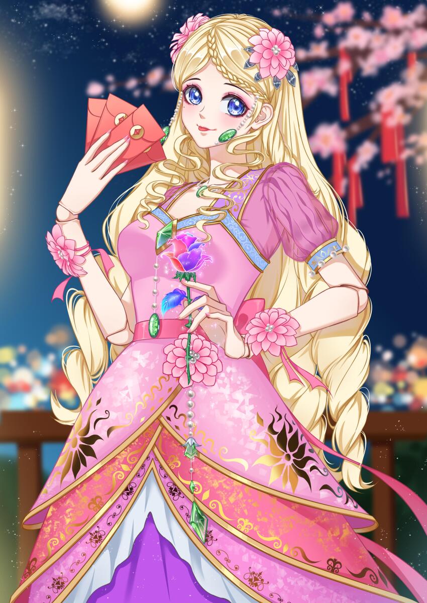 1girl :p absurdres blonde_hair blue_eyes blurry blurry_background braid braided_bangs chinese_new_year cowboy_shot curly_hair doll_joints dress flower hair_flower hair_ornament hands_up highres holding holding_flower hongbao hua_ling_(ye_luoli) joints kumu_zaisheng long_dress long_hair looking_at_viewer multicolored_flower multicolored_rose night night_sky pink_dress pink_flower puffy_short_sleeves puffy_sleeves rose short_sleeves sky solo tongue tongue_out ye_luoli