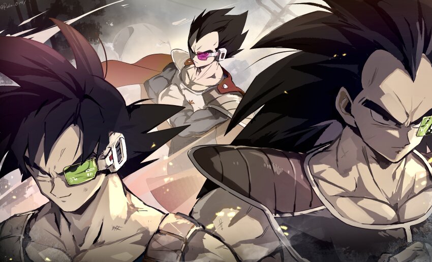 3boys absurdres alternate_universe armor black_eyes black_hair brothers cape commentary crossed_arms dragon_ball dragonball_z evil_smile frown furrowed_brow highres long_hair male_focus multiple_boys muscular muscular_male raditz red_cape roku_(roku_0141) saiyan_armor scouter serious shoulder_armor siblings smile son_goku vegeta