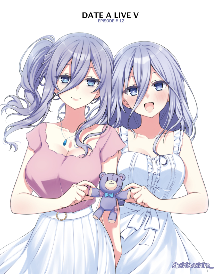 2girls artist_name bags_under_eyes blue_eyes blue_hair blush breasts cleavage collarbone date_a_live dress hair_between_eyes highres jewelry large_breasts lips long_hair multiple_girls murasame_reine necklace open_mouth pink_shirt shinashiro shirt side_ponytail sidelocks simple_background skirt smile stuffed_animal stuffed_toy takamiya_mio teddy_bear white_background white_dress white_skirt