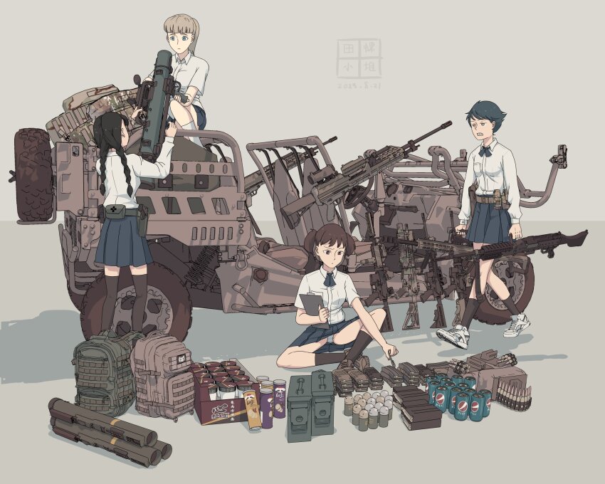 40x46_lv_hedp_m433 40x46mm_lv 4girls 5.56x45mm_nato absurdres ammunition ammunition_belt ammunition_box assault_rifle backpack bag black_hair blonde_hair blue_eyes blue_hair blue_skirt braid brand_name_imitation brown_eyes brown_hair bullet camouflage carbine carbine_cartridge carl_gustaf_recoilless_rifle cup_ramen dmr_cartridge etmc1992 explosive grenade grenade_launcher grey_background gun highres intermediate_cartridge light_machine_gun lmg_cartridge m203 m240 m27_link m4_carbine m72_law machine_gun magazine_(weapon) man-portable_anti-tank_systems motor_vehicle multiple_girls original panties pepsi rifle rifle_cartridge rocket_launcher shirt skirt squad_automatic_weapon suppressor truck twin_braids underbarrel_grenade_launcher underwear vehicle_request weapon white_panties white_shirt woodland_camouflage