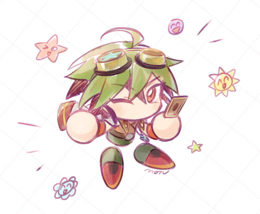 1boy ahoge card chibi goggles goggles_on_head green_hair holding holding_card jewelry jikkyou_powerful_pro_yakyuu_(style) male_focus medium_hair moch_ka_game multicolored_hair one-eyed orange_shirt pendant red_eyes red_hair sakaki_yuya shirt simple_background smile_world solo trading_card two-tone_hair white_background yu-gi-oh! yu-gi-oh!_arc-v