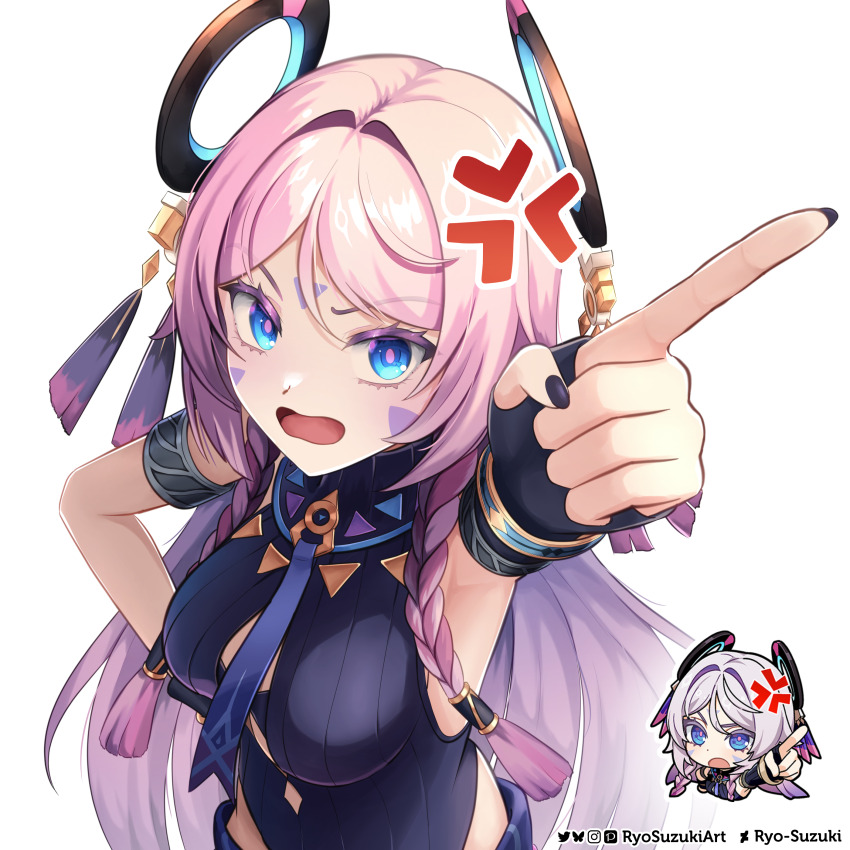 1girl absurdres anger_vein armlet artist_name bare_shoulders black_leotard black_nails blue_eyes blunt_tresses braid breasts citlali_(genshin_impact) facial_mark floating_headgear forehead_mark genshin_impact hand_on_own_hip headgear highres jewelry leotard long_hair looking_at_viewer open_mouth pink_hair pink_pupils pointing pointing_at_viewer reference_inset ring_hair_ornament ryo-suzuki solo triangle triangle_facial_mark twin_braids