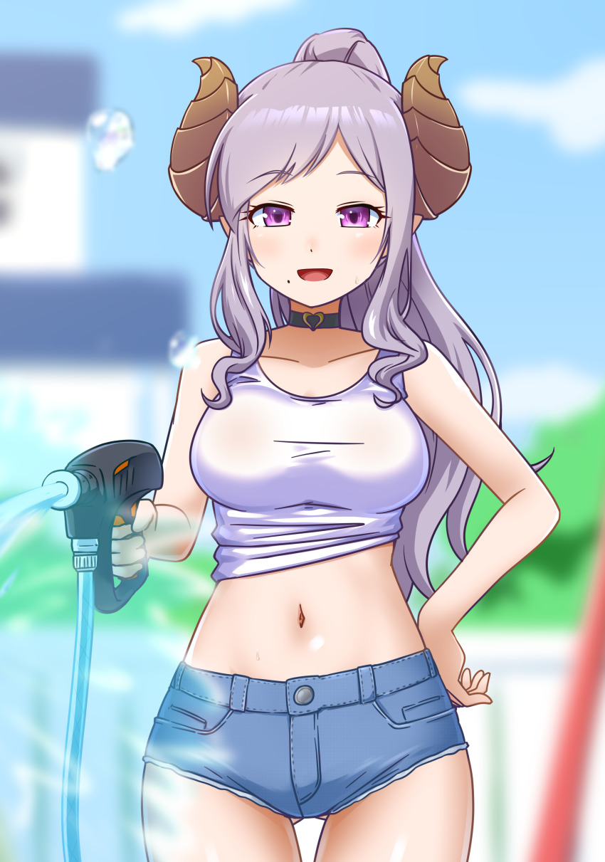 1girl :d absurdres alternate_costume bare_arms bare_shoulders blue_shorts blurry blurry_background breasts brown_horns choker collarbone commentary_request cowboy_shot day demon_horns denim denim_shorts gluteal_fold goriate grey_choker hand_on_own_hip heart heart_choker highres holding holding_hose honey_strap horns hose hose_nozzle light_blush long_hair long_sidelocks looking_at_viewer medium_breasts micro_shorts midriff mole mole_under_mouth nanashi_inc. navel no_tail open_mouth outdoors pointy_ears ponytail purple_eyes purple_hair saionji_mary shorts sidelocks smile solo splashing spraying straight-on sweatdrop tank_top very_long_hair virtual_youtuber white_tank_top