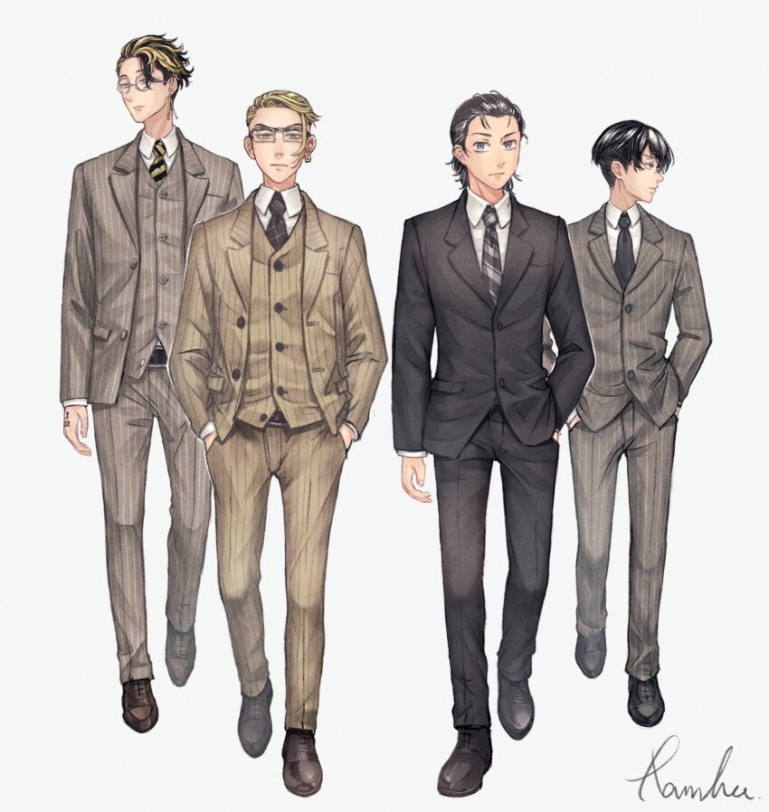 4boys artist_name belt belt_buckle black_belt black_footwear black_hair black_necktie black_suit blonde_hair blue_eyes brown_footwear brown_jacket brown_pants brown_suit brown_vest buckle buttons closed_mouth collared_shirt commentary_request diagonal-striped_clothes diagonal-striped_necktie earrings expressionless formal_clothes frown glasses grey_eyes grey_jacket grey_necktie grey_pants grey_suit grey_vest hair_slicked_back hanagaki_takemichi hand_in_pocket hand_tattoo hands_in_pockets hanma_shuuji highres jacket jewelry kisaki_tetta lapels looking_at_viewer looking_to_the_side male_focus matsuno_chifuyu multicolored_hair multiple_boys necktie open_clothes open_jacket over-rim_eyewear pants pinstripe_jacket pinstripe_pants pinstripe_pattern pinstripe_suit pinstripe_vest ramfu round_eyewear semi-rimless_eyewear shirt shoes short_hair signature simple_background single_earring streaked_hair striped_clothes striped_necktie suit tattoo tokyo_revengers undercut vest walking white_background white_shirt wing_collar yellow_eyes yellow_necktie