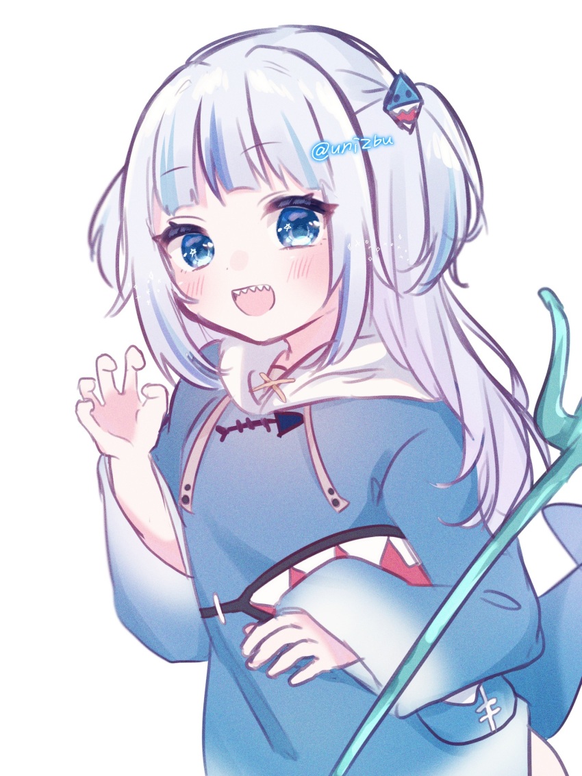 1girl :d blue_eyes blue_hair blue_hoodie blue_streaks blunt_bangs blush claw_pose commentary fins fish_tail gawr_gura gawr_gura_(1st_costume) grey_hair hair_ornament hand_up highres hololive hololive_english hood hood_down hoodie ligh_xi long_hair long_sleeves looking_at_viewer multicolored_hair open_mouth polearm shark_girl shark_hair_ornament shark_print shark_tail sharp_teeth simple_background sleeves_past_wrists smile solo streaked_hair tail teeth trident twitter_username two-tone_hair two_side_up upper_body virtual_youtuber weapon white_background wide_sleeves