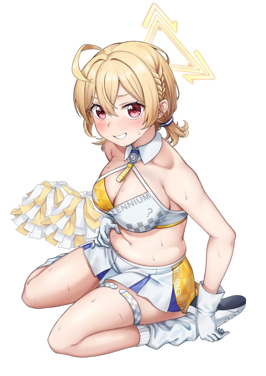 belly_grab blonde_hair blue_archive blush braid breasts cheerleader cleavage collar crop_top crown_braid halo kneeling kotori_(blue_archive) kotori_(cheer_squad)_(blue_archive) large_breasts loose_socks medium_hair navel plump pom_pom_(cheerleading) red_eyes shoes short_twintails skirt smile socks sweat thigh_strap tridentlk twintails white_background