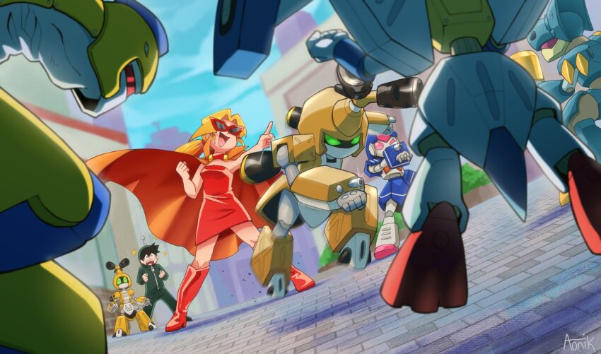 1boy 1girl 2girls 6+boys air-ptera aonik arm_cannon artist_name attack-tyranno brass_(medarot) cape dress humanoid_robot lady_retort land-brachio long_hair medarot medarot_2 metabee multiple_boys multiple_girls outdoors pointing ponytail red_cape red_dress robot sparkle strapless strapless_dress tenryou_ikki weapon