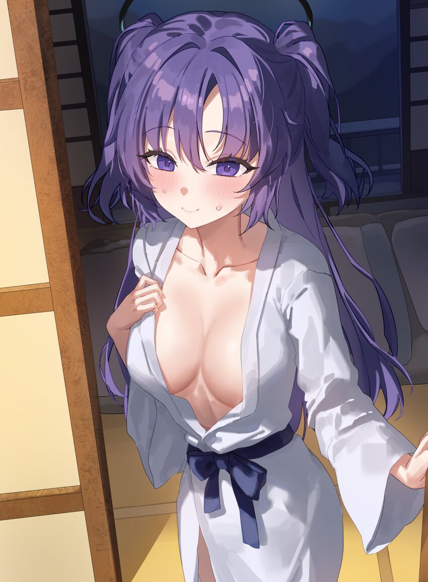 1girl absurdres alternate_costume blue_archive blush breasts cleavage closed_mouth hair_between_eyes hand_on_own_chest hido88 highres japanese_clothes kimono large_breasts long_hair looking_at_viewer no_bra purple_hair sidelocks smile solo sweatdrop two_side_up white_kimono yuuka_(blue_archive)