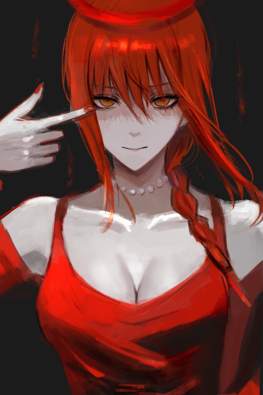1girl absurdres bare_shoulders braid braided_ponytail breasts chainsaw_man cleavage highres jewelry large_breasts looking_at_viewer makima_(chainsaw_man) mymzi necklace pointing pointing_at_self red_hair red_nails red_tank_top ringed_eyes simple_background smile solo tank_top yellow_eyes