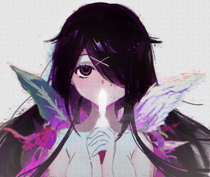 1girl ame-chan_(needy_girl_overdose) asymmetrical_wings black_eyes black_hair covering_own_mouth feathered_wings feathers hair_over_one_eye highres holding holding_feather long_hair looking_at_viewer mizureito needy_girl_overdose nude parody plant_wings sayonara_wo_oshiete sketch solo straight-on upper_body wings