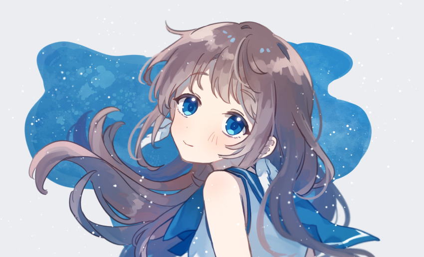 1girl amenojaku bare_shoulders blue_background blue_eyes blue_neckerchief blue_sailor_collar blush brown_hair closed_mouth earrings feather_earrings feathers from_side highres jewelry long_bangs long_hair looking_at_viewer mukaido_manaka nagi_no_asukara neckerchief portrait sailor_collar school_uniform serafuku shirt sleeveless sleeveless_shirt smile solo two-tone_background white_background white_shirt