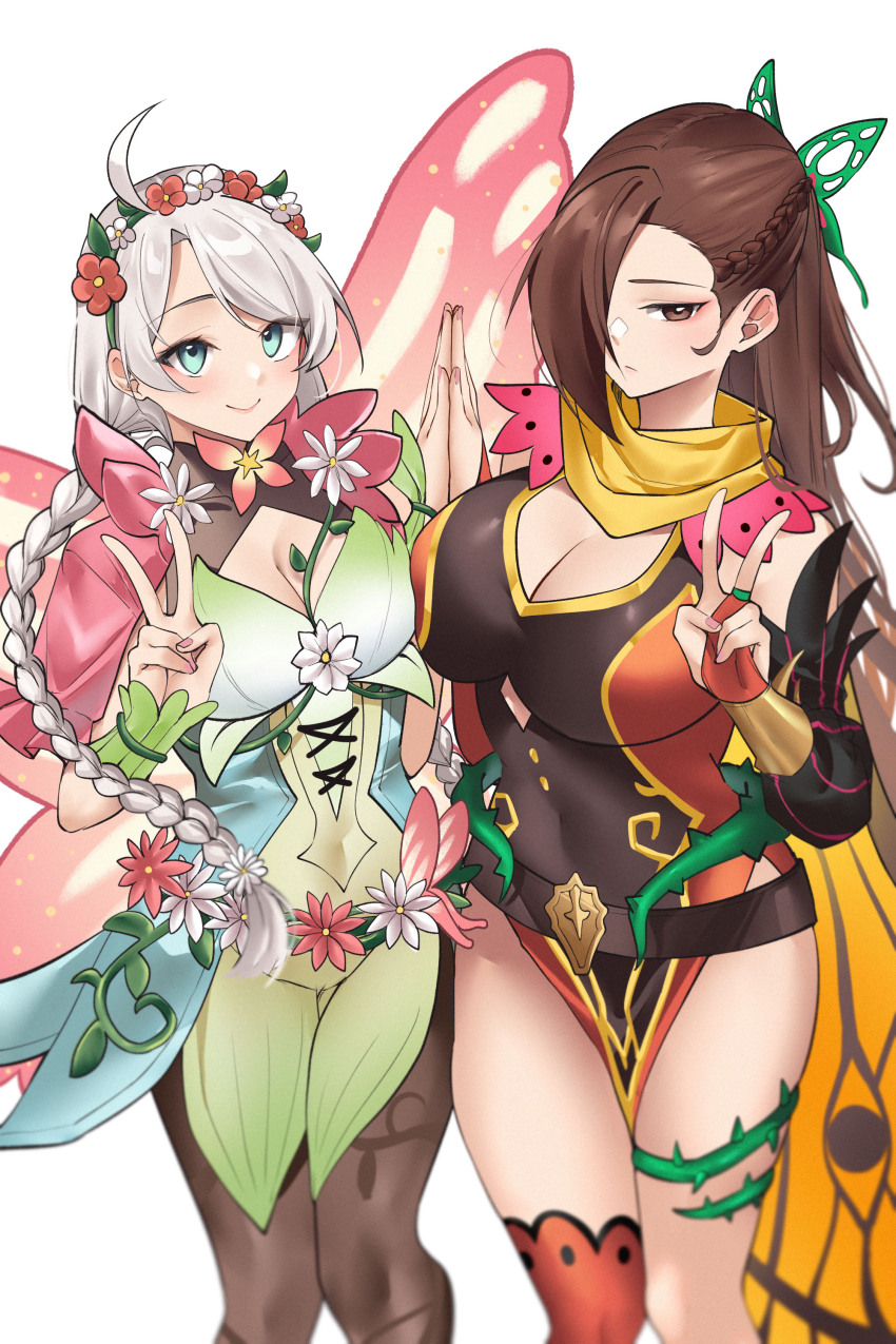 2girls absurdres ahoge asymmetrical_legwear bare_shoulders blue_eyes bracelet braid breasts brown_eyes brown_hair brown_pantyhose butterfly_hair_ornament butterfly_wings capelet closed_mouth commentary english_commentary fairy fairy_wings fire_emblem fire_emblem_fates fire_emblem_heroes flower food_print french_braid fruit_print gradient_clothes green_hairband grey_hair hair_ornament hair_over_one_eye hair_vines hairband harness highres insect_wings jewelry kagero_(fire_emblem) kagero_(resplendent)_(fire_emblem) large_breasts leaf_bracelet leather_belt looking_at_viewer low_twin_braids low_twintails medium_breasts multiple_girls nina_(fire_emblem) nina_(resplendent)_(fire_emblem) nintendo official_alternate_costume pantyhose parted_bangs pinepin pink_capelet pink_flower plant scarf thorns twin_braids twintails v vine_print vines watermelon_print white_flower wings yellow_scarf