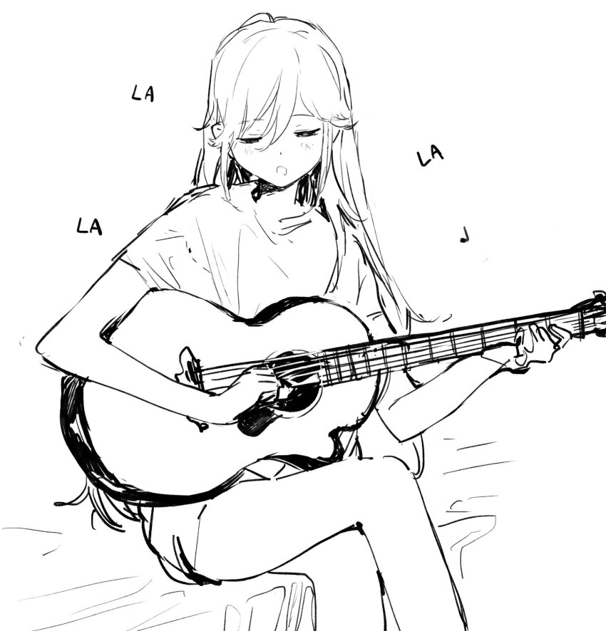 1girl :o aikatsu! aikatsu!_(series) bad_id bad_twitter_id crossed_legs greyscale guitar half-closed_eyes highres holding holding_guitar holding_instrument inactive_account instrument long_hair monochrome music open_mouth otoshiro_seira playing_guitar playing_instrument shirt simple_background singing sitting solo suiso_(owp) t-shirt white_background