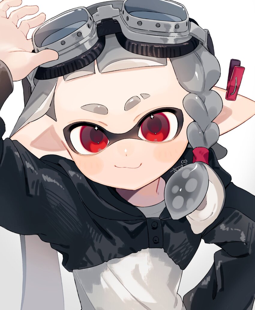 1girl :3 adjusting_eyewear arm_up aviator_goggles black_shrug braid closed_mouth commentary_request eyebrow_cut goggles goggles_on_head grey_hair hair_behind_ear hand_on_eyewear highres hood hood_down hooded_shrug inkling inkling_girl inkling_player_character long_hair long_sleeves looking_at_viewer nintendo pointy_ears red_eyes sabata_saba shirt shrug_(clothing) signature single_braid smile solo splatoon_(series) tentacle_hair upper_body white_background white_shirt