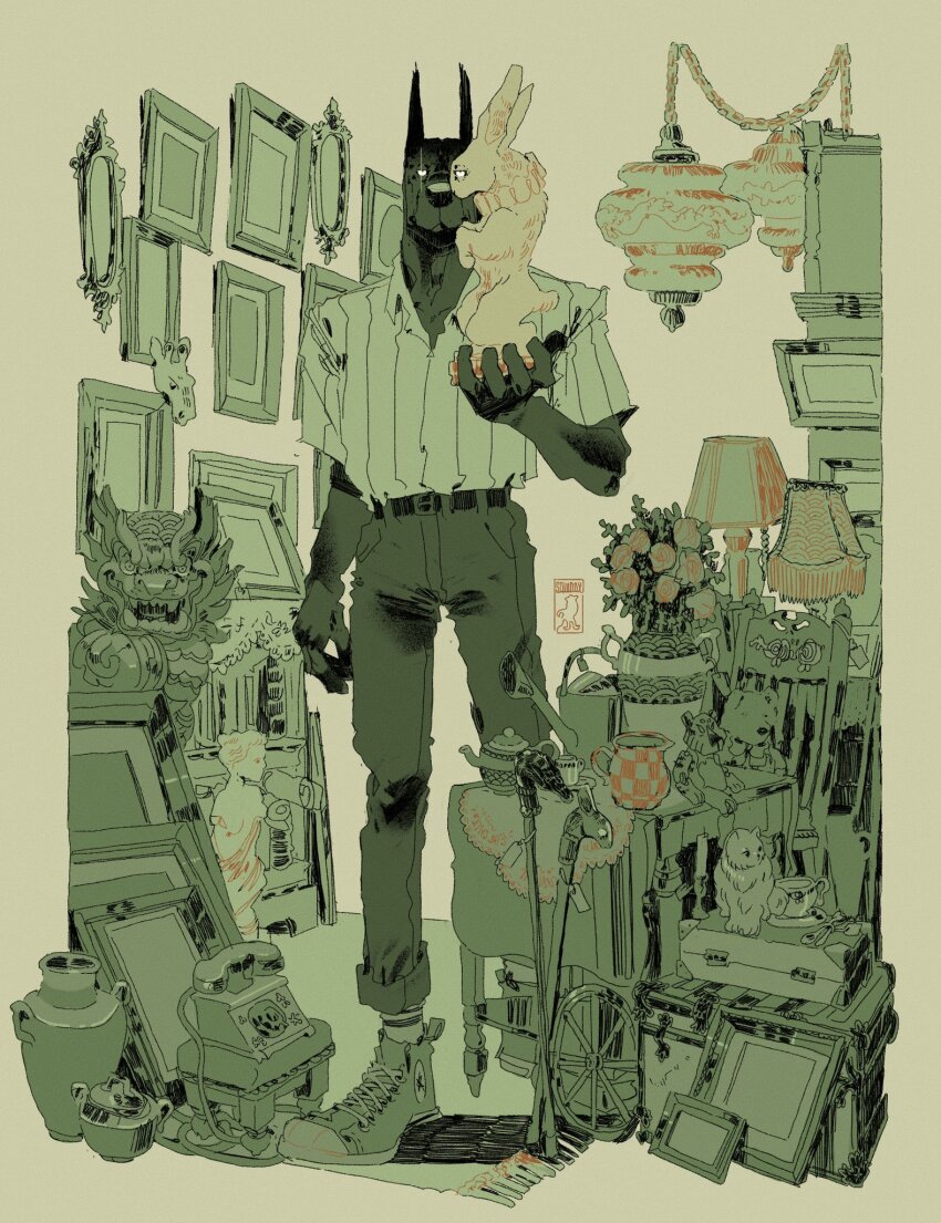 1boy angel_statue animal_ears animal_nose antique_phone arm_at_side artist_logo belt big_squid_man black_skin border candlestand cane cat chair chandelier collared_shirt colored_skin converse crate cup dobermann flower flower_pot full_body furry hatching_(texture) highres holding komainu lamp limited_palette logo looking_at_viewer male_focus open_collar original pants pants_rolled_up phone picture_frame price_tag rabbit_statue rug scar scar_across_eye scar_on_face sepia_background shirt shoes short_sleeves sneakers snout socks standing statue straight-on striped_clothes striped_shirt striped_socks stuffed_animal stuffed_toy table tablecloth teacup teapot teddy_bear vertical-striped_clothes vertical-striped_shirt watering_can