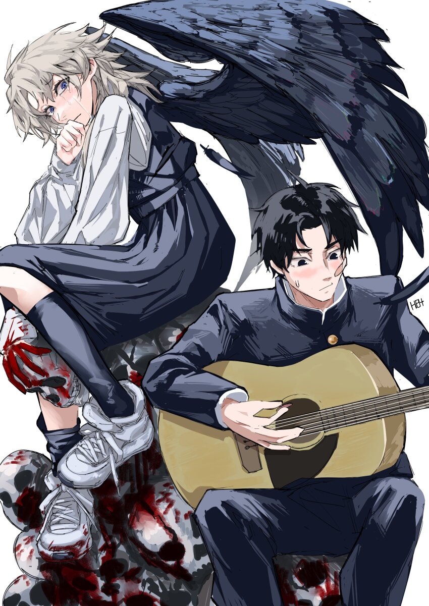 1boy 1girl absurdres bandaid bandaid_on_face black_dress black_eyes black_hair black_jacket black_wings blood blue_eyes chainsaw_man crying crying_with_eyes_open death_devil_(chainsaw_man) dress feathered_wings fourth_east_high_school_uniform gakuran grey_hair guitar heartbreak_juan highres instrument jacket messy_hair pile_of_skulls pinafore_dress playing_guitar school_uniform shirt sitting skull sleeveless sleeveless_dress sweatdrop tears white_shirt wings