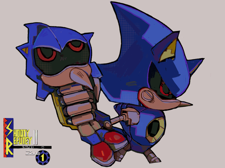 1boy artist_name black_sclera bonelessbastion bootleg_metal_sonic_plush character_doll clenched_hand colored_sclera commentary dated english_commentary from_side grey_background highres holding humanoid_robot male_focus metal_sonic no_mouth red_eyes redrawn robot science_fiction signature simple_background solo sonic_(series) upper_body