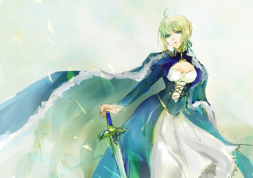 1girl ahoge armor armored_dress artoria_pendragon_(fate) blonde_hair braid braided_bun breasts bun_with_braided_base cloak commentary dress english_commentary excalibur_(fate/stay_night) fate/grand_order fate/stay_night fate/unlimited_codes fate_(series) faulds gauntlets green_eyes hair_between_eyes hair_bun hair_ribbon hair_through_headwear helen_(helen2210hk) highres holding holding_sword holding_weapon long_sleeves looking_at_viewer open_mouth ribbon saber_(fate) short_hair solo sword weapon