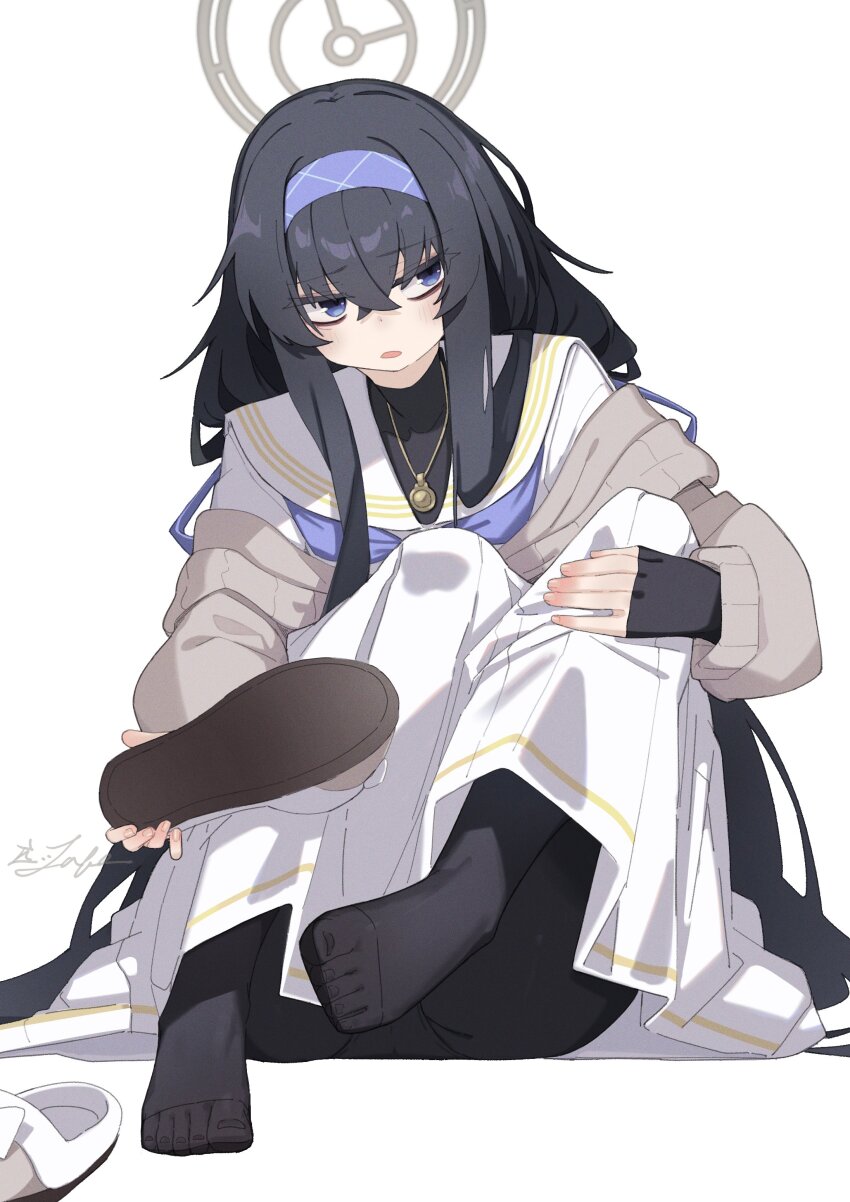 1girl absurdres black_hair black_pantyhose blue_archive blue_eyes blue_hairband blue_neckerchief blush crossed_bangs eyelashes feet fingerless_gloves full_body gloves grey_halo hair_between_eyes hairband halo highres holding kilabo knees_up long_sleeves looking_at_viewer neckerchief no_shoes off_shoulder open_mouth pantyhose pleated_skirt removing_shoes sailor_collar sidelocks signature simple_background sitting skirt slippers solo toenails toes ui_(blue_archive) unworn_slippers white_background white_skirt