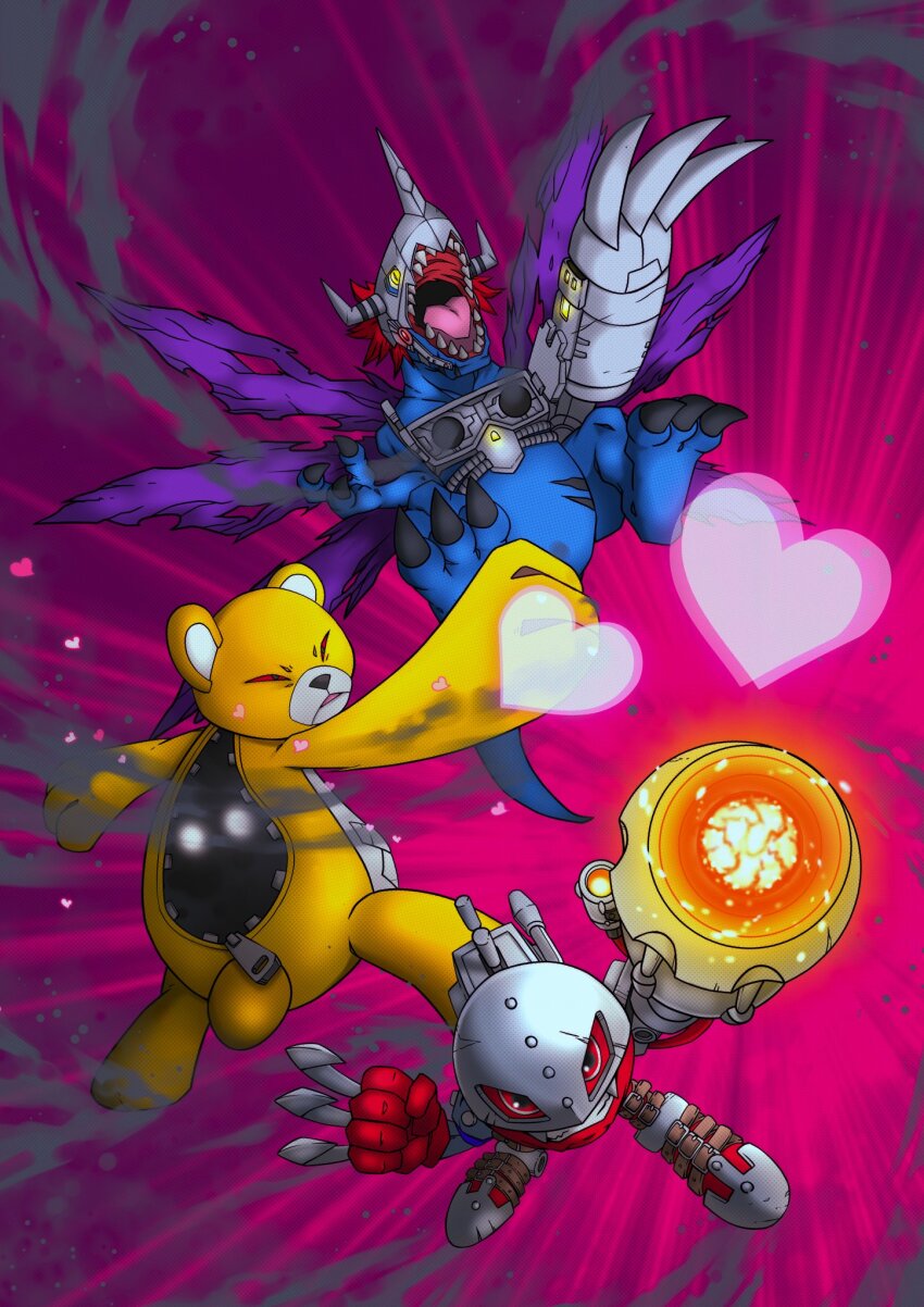 claws cyborg digimon digimon_(creature) highres metalgreymon_(virus) metalmamemon monzaemon sharp_teeth teeth wings zipper