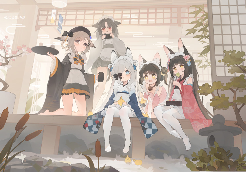 +_+ 5girls :3 absurdres animal_ears azur_lane barefoot bell black_hair blue_eyes camera closed_mouth commentary fork fox_ears fox_girl grey_eyes grey_hair highres holding holding_camera holding_fork jingle_bell kasumi_(azur_lane) kasumi_1118 kazagumo_(azur_lane) long_hair maid manjuu_(azur_lane) multiple_girls mutsu_(azur_lane) nagato_(azur_lane) neck_bell no_shoes ooshio_(azur_lane) open_mouth pantyhose red_eyes short_hair wa_maid white_hair white_pantyhose yellow_eyes