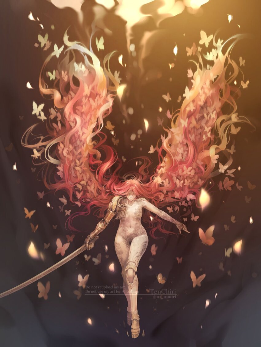 10_1000ri 1girl artist_name bug butterfly elden_ring facing_viewer full_body highres holding holding_sword holding_weapon insect long_hair malenia_blade_of_miquella malenia_goddess_of_rot mechanical_arms mechanical_legs navel nude prosthesis prosthetic_arm prosthetic_leg red_hair scar scar_on_face scars_all_over single_mechanical_arm solo sword too_many too_many_butterflies twitter_username watermark weapon