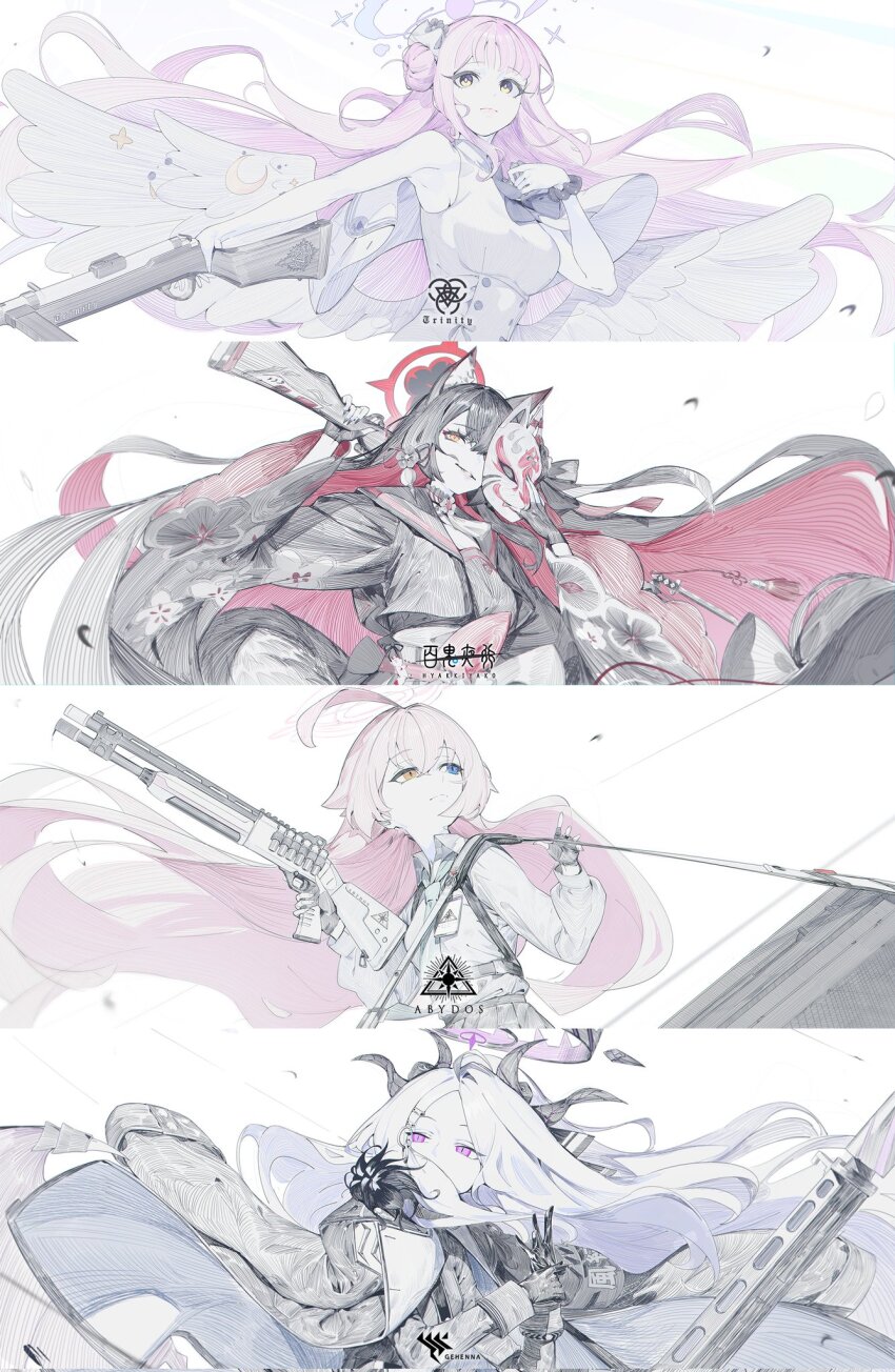 4girls adjusting_clothes adjusting_gloves ahoge animal_ears beretta_1301 black_gloves black_hair black_horns black_kimono black_shirt black_skirt blue_archive blue_eyes breasts closed_mouth collared_shirt colored_inner_hair crossed_bangs dress emblem expressionless fingerless_gloves floating_hair flower fox_ears fox_mask fox_tail fur-trimmed_jacket fur_trim gloves gun hair_between_eyes hair_bun hair_flaps hair_flower hair_ornament halo hands_up hashtag-only_commentary heterochromia highres hina_(blue_archive) holding holding_gun holding_weapon horns hoshino_(blue_archive) huge_ahoge id_card jacket jacket_on_shoulders jaeb_(kkrt0302) japanese_clothes kimono long_hair long_sleeves looking_ahead looking_at_viewer machine_gun mask medium_breasts mg42 mika_(blue_archive) multicolored_hair multiple_girls multiple_horns parted_bangs pink_hair pink_halo puffy_long_sleeves puffy_sleeves purple_eyes purple_flower purple_halo red_hair shirt shirt_tucked_in shotgun shotgun_shell shoulder_strap simple_background single_side_bun sketch skirt sleeveless sleeveless_dress slit_pupils tail upper_body very_long_hair wakamo_(blue_archive) weapon white_background white_dress white_hair white_shirt wide_sleeves yellow_eyes