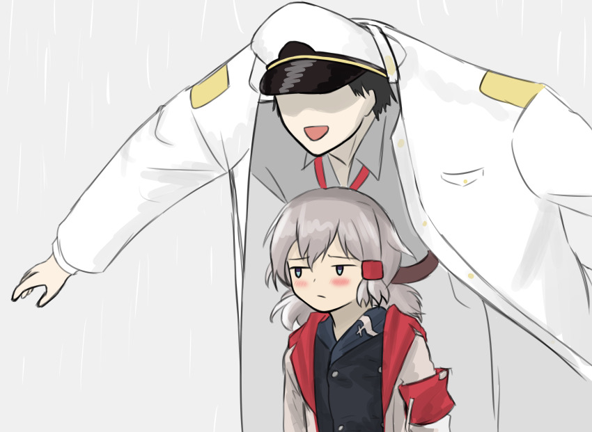 :d azur_lane black_hair blue_eyes blush closed_mouth commander_(azur_lane) denver_(azur_lane) gekkan_shoujo_nozaki-kun grey_hair hat highres military_uniform naval_uniform open_mouth ozawa_ari parody peaked_cap rain short_hair smile voice_actor_connection yuto_akaji