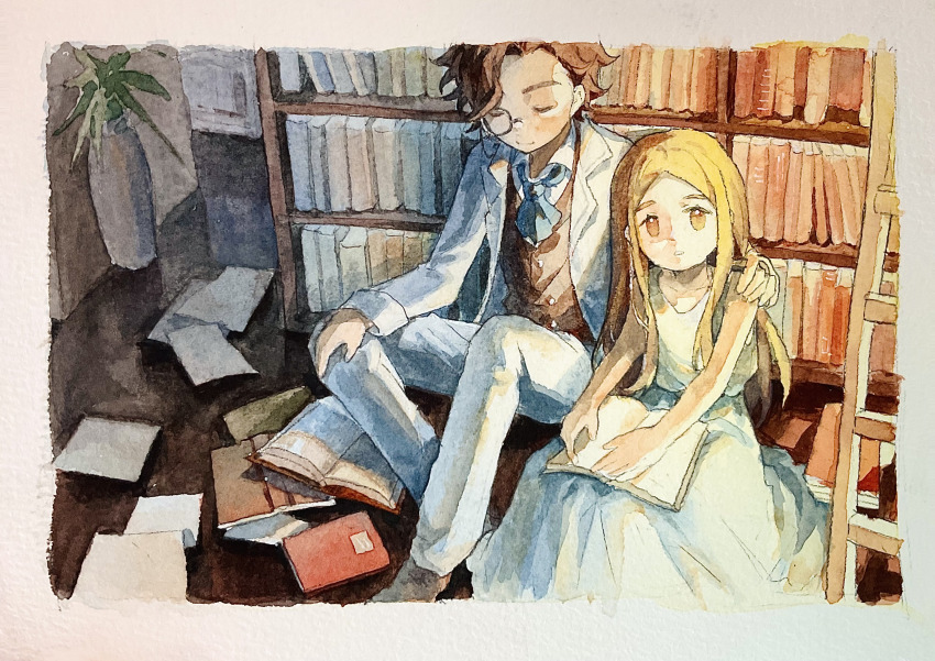 1boy 1girl absurdres ascot black_vest blonde_hair blue_ascot book book_on_lap bookshelf border brown_hair closed_eyes dongfang_shuyechu dress formal_clothes highres identity_v indoors jacket ladder long_hair looking_at_viewer memory_(identity_v) monocle on_floor open_book orpheus_(identity_v) painting_(medium) pants paper plant potted_plant shirt short_hair sitting smile suit suit_jacket traditional_media vest watercolor_(medium) white_border white_dress white_pants white_shirt white_suit yellow_eyes