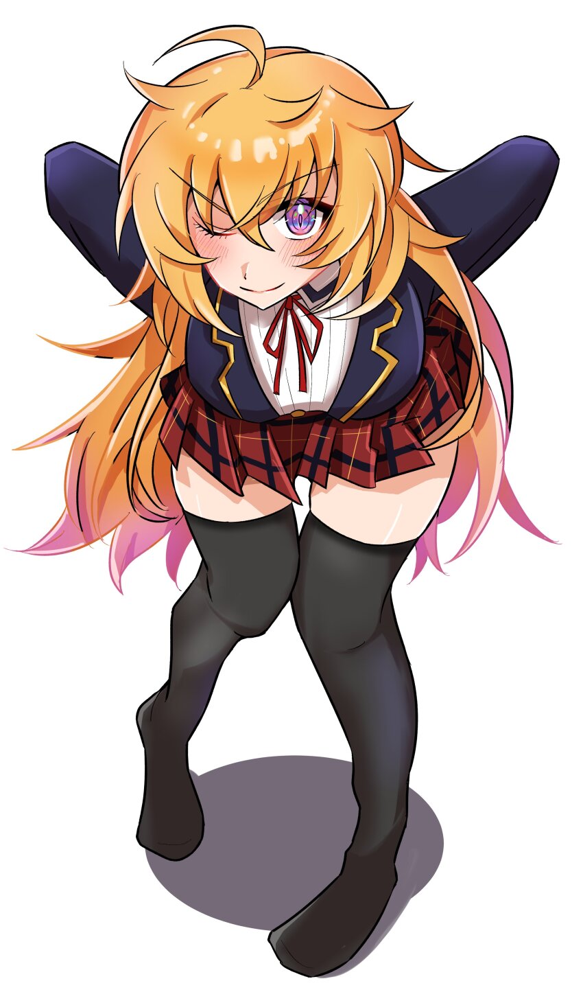 1girl ;) absurdres ahoge arms_behind_back bakuma black_thighhighs blonde_hair breasts highres long_hair long_sleeves looking_at_viewer one_eye_closed purple_eyes rwby school_uniform simple_background smile solo thighhighs yang_xiao_long
