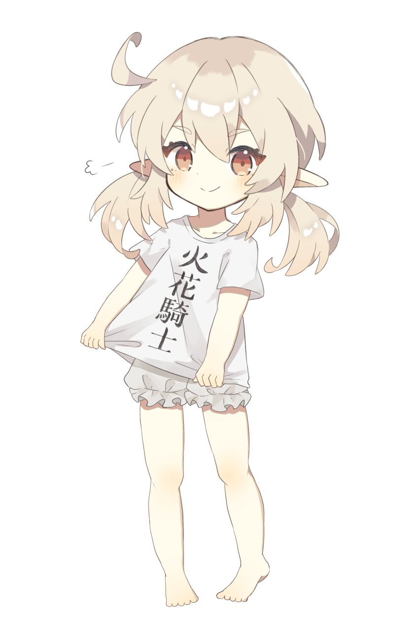 1girl absurdres adapted_costume ahoge barefoot blonde_hair bloomers clothes_writing full_body genshin_impact highres klee_(genshin_impact) komano_shia low_twintails pointy_ears puff_of_air red_eyes shirt shirt_tug simple_background smile smug solo standing twintails underwear white_background white_shirt