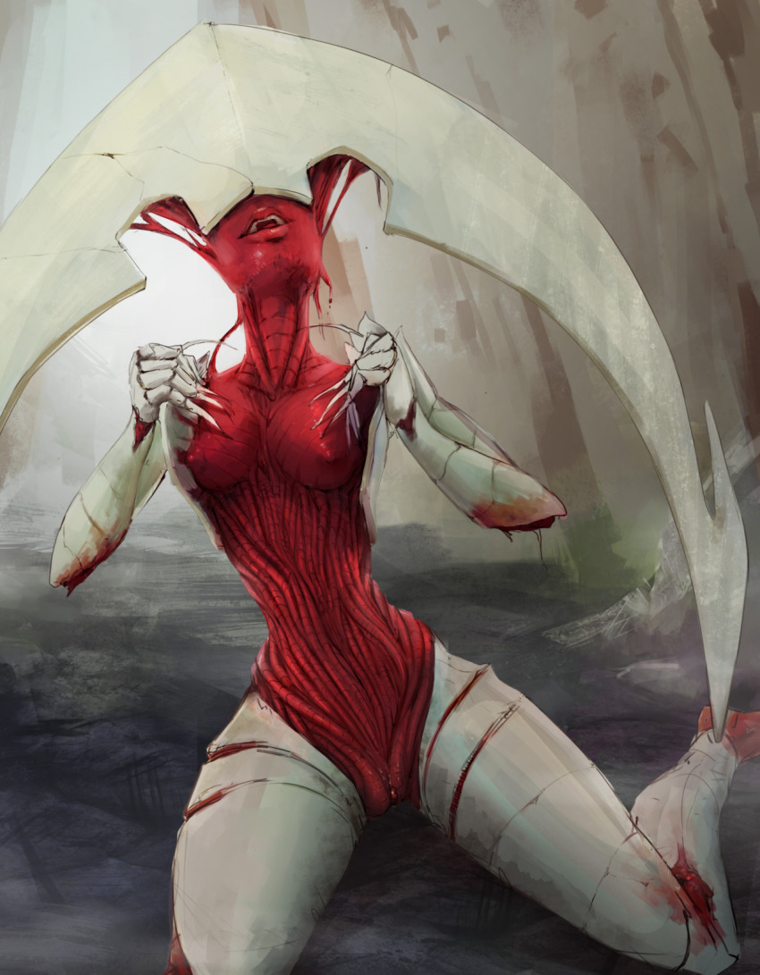 1girl blood breasts claws elesh_norn,_grand_cenobite female_focus fingernails highres kneeling long_fingernails magic:_the_gathering monster_girl nipples open_mouth pussy solo tinyfaceart
