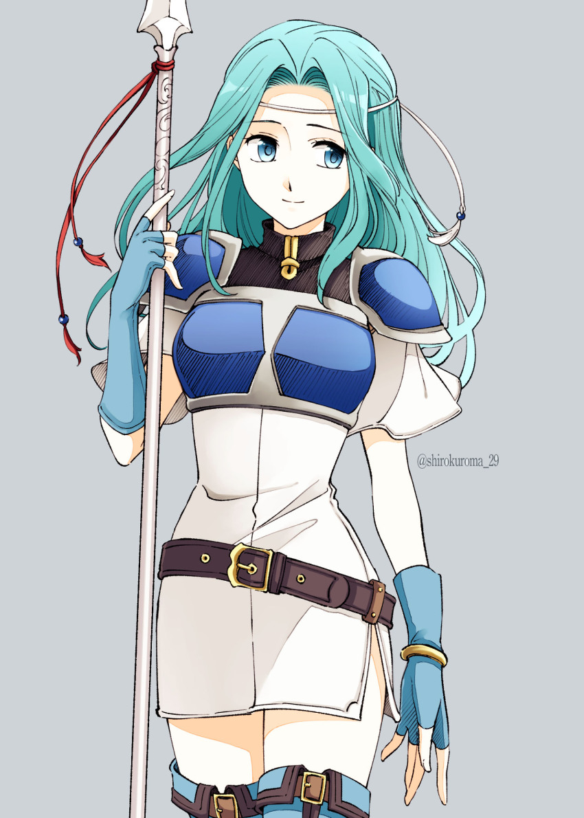 1girl aqua_eyes aqua_hair armor belt blue_gloves blue_thighhighs breastplate cowboy_shot dress fingerless_gloves fiora_(fire_emblem) fire_emblem fire_emblem:_the_blazing_blade gloves headband highres holding holding_polearm holding_weapon nintendo pauldrons pegasus_knight_uniform_(fire_emblem) polearm shirokuroma_29 short_dress shoulder_armor solo spear thighhighs weapon white_dress zettai_ryouiki