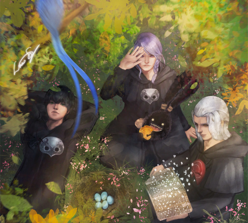 3boys bird bird_nest black_hair black_robe braid egg emet-selch final_fantasy final_fantasy_xiv from_above green_eyes hermes_(ff14) hythlodaeus long_hair lying mask mask_around_neck multiple_boys on_back purple_eyes purple_hair robe short_hair silverling sitting spriggan_(final_fantasy) white_hair yellow_eyes